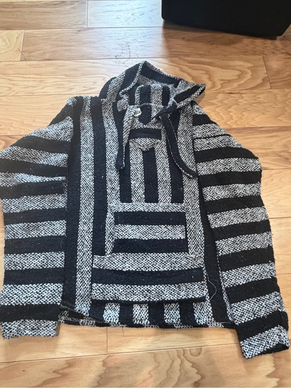Mexican Baja Hoodie Black White Striped Pullover Hooded Acrylic Made In Mexico M